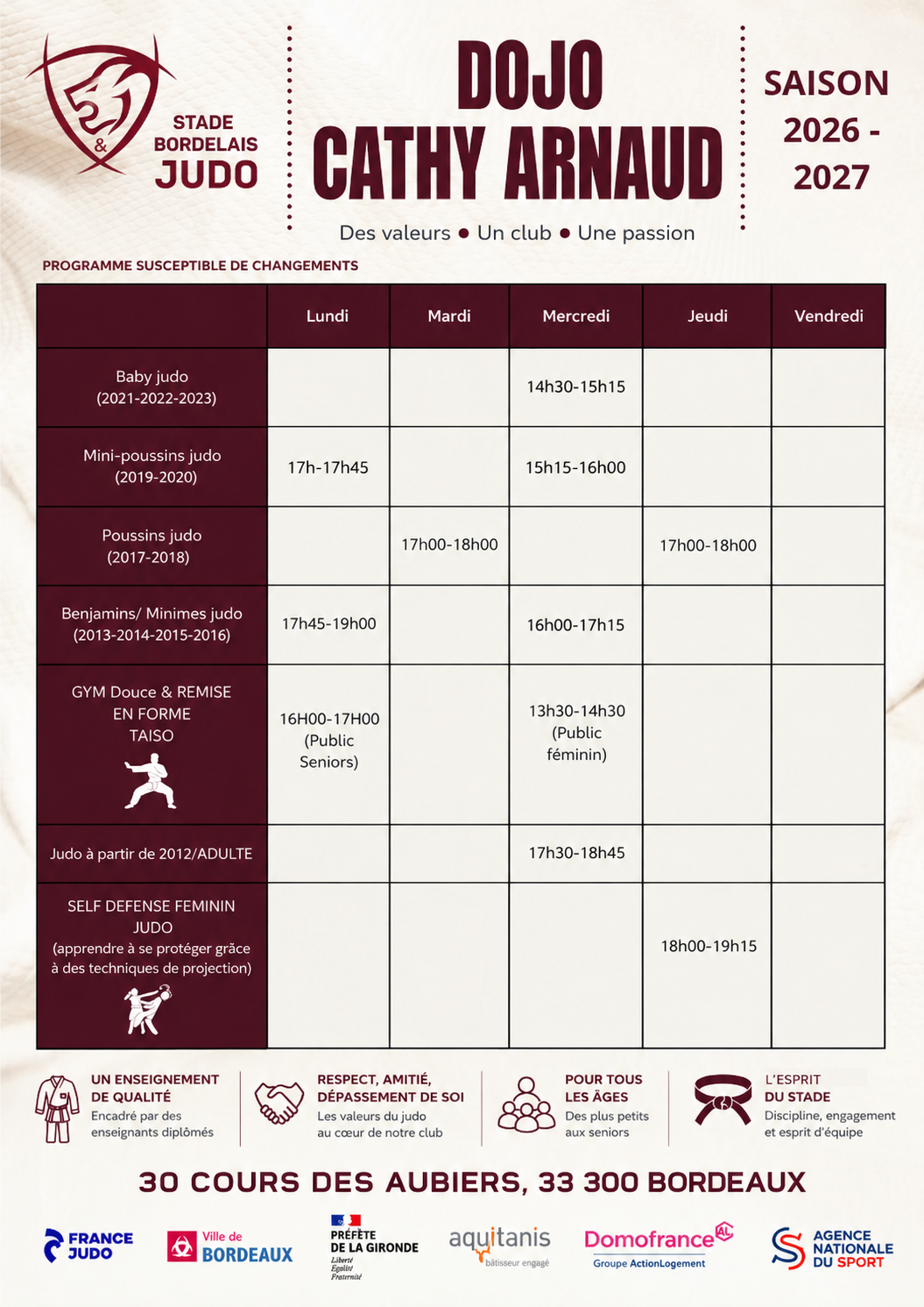 Emploi du temps Judo du dojo aux aubiers